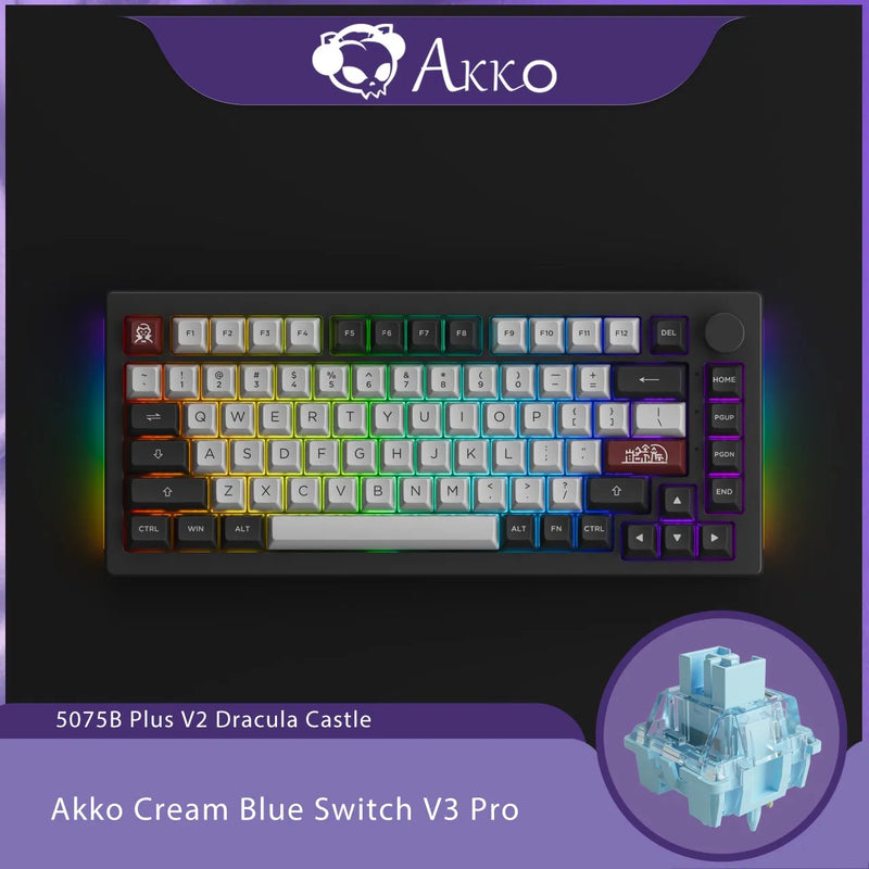 Akko 5075B Plus Dracula Castle 75% Teclado Mecânico para Jogos 3/5 Pin Hot Swap Três Modos RGB 2.4GHz Sem Fio / USB Tipo-C / BT 5.0